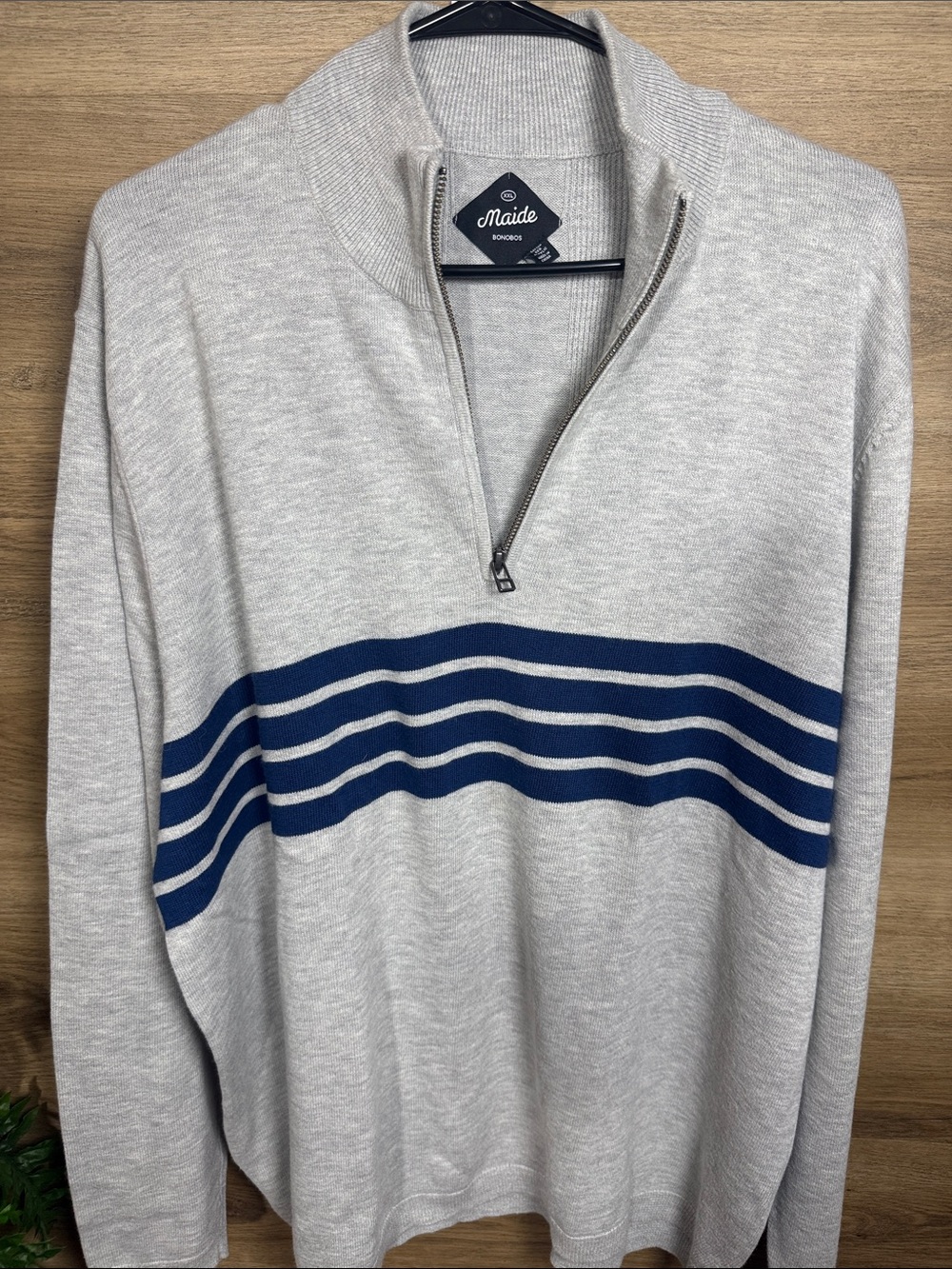 Bonobos Heather Gray Half-Zip Sweater with Navy Stripes